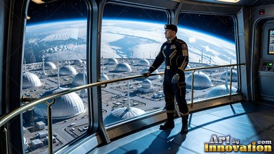 Looking through large windows, an officer in uniform watches a base of white domes