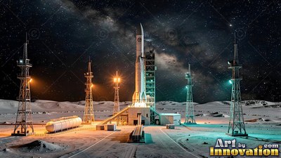White rocket on a lunar launchpad under a starry sky
