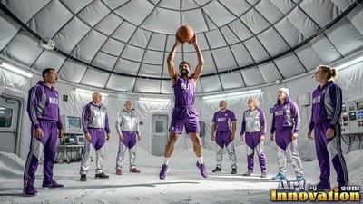 Purple athletic jersey worn by a player leaping with a basketball inside a white dome