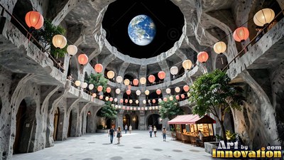 People walk across a circular stone plaza under paper lanterns and a blue Earth overhead