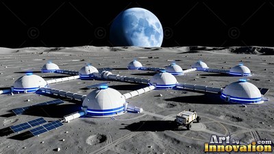 Viewed from above, white base on the moon domes connect on gray dust under a blue planet