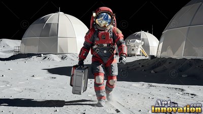 An astronaut in a red spacesuit carries a metal case past white moon domes