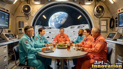Inside a lunar base, astronauts in blue and orange jumpsuits share a meal