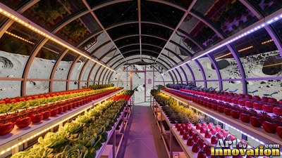 Growing under bright light bars, rows of crops fill a lunar greenhouse dome