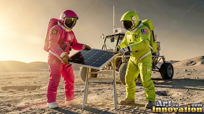Two astronauts in pink and green suits set up a solar panel on the moon dust