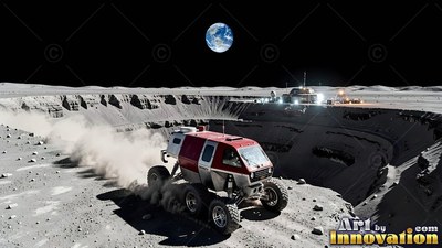 Red and white cabin on a rover driving by a moon crater with Earth above