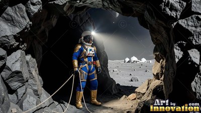 An astronaut walks out of a dark lunar cave with a bright helmet light shining forward