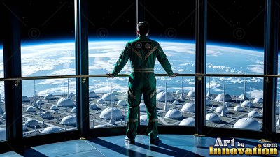 Standing from behind, a person in a green flight suit looks out at domed lunar buildings