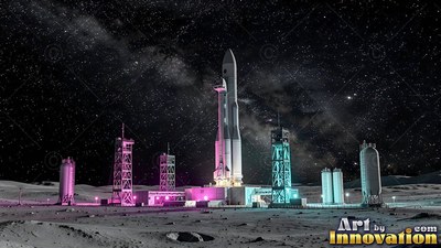 A tall white rocket stands on a lit moon base launchpad under a starry sky
