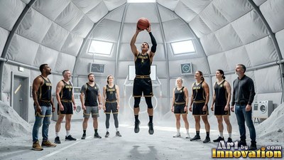 Inside a white dome, an astronaut jumps high to shoot a basketball