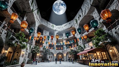 Lit by a moon beam, people stroll through an open stone courtyard hung with lanterns