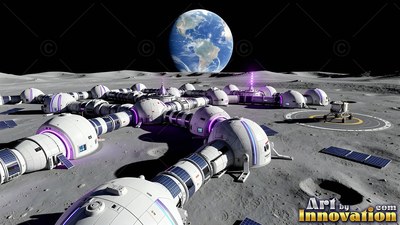 White lunar base domes on gray soil beneath Earth in a black sky