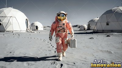 Wearing a peach spacesuit, an astronaut carries a case between white lunar domes