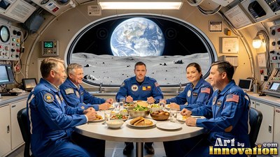 Astronauts in blue suits eat at a round table, lit by warm interior lamps beside a window view of Earth