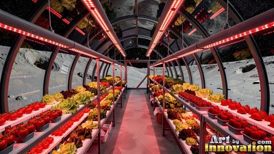 Looking down the central aisle of a moon greenhouse under red grow lights