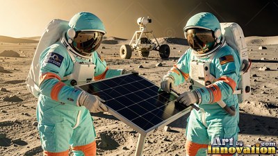 Two astronauts in teal spacesuits adjust a small solar panel on the gray lunar ground