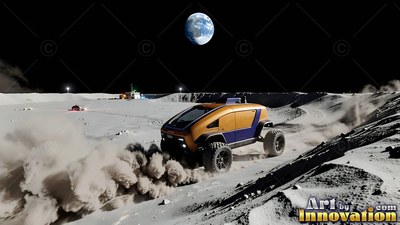 On the lunar dust, a yellow and blue rover kicks up gray powder under Earth