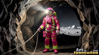Holding a rope, an astronaut in a bright pink spacesuit stands inside a dark moon cave