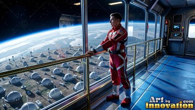 An astronaut in a red suit looks out a big window at a domed base