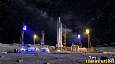 Pointed nose cone on a tall white rocket standing on a lit launchpad across the dark moon dust