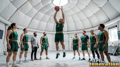 A basketball player leaps high under a white dome while teammates watch in green jerseys