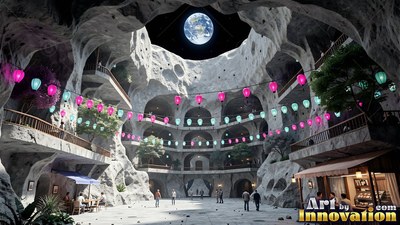 People walking across a moon base plaza beneath strings of pink lanterns