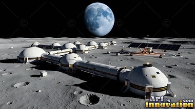 White habitat domes connected by tunnels sit on the gray moon dust below Earth