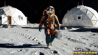 On the lunar surface, an astronaut in an orange suit walks past white domes