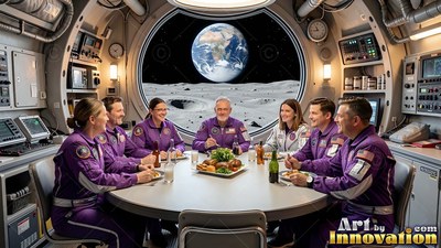 Dining together in purple suits, astronauts sit around a table before a round moon window