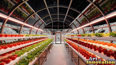Red tomatoes growing inside a glass dome on the gray moon