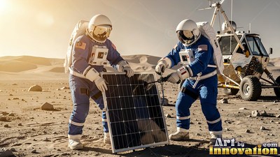 Blue flight suits dress two astronauts setting up a solar panel on lunar sand