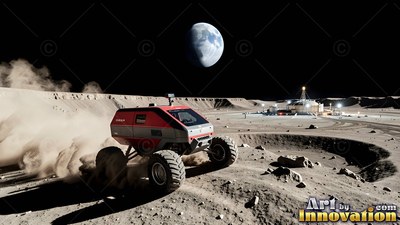 A red rover kicks up gray dust on the moon beneath a pale blue planet in the dark sky