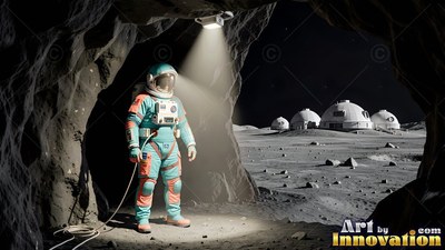 Standing upright in a dark cave, an astronaut looks out toward white domes