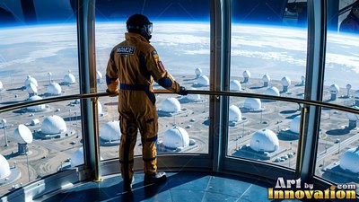An astronaut in a tan jumpsuit looks out a curved window at white domes