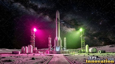 On a dark lunar plain, a white rocket stands between pink and green floodlights