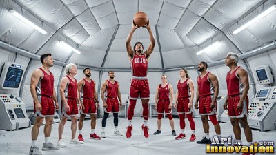 Shooting a basketball, an astronaut in red leaps inside a moon base dome with teammates watching