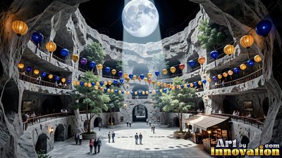 People stand in a stone courtyard decorated with hanging lanterns under the moon