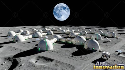 Connected white domes with green trim form an outpost on the moon beneath a blue planet in a black sky