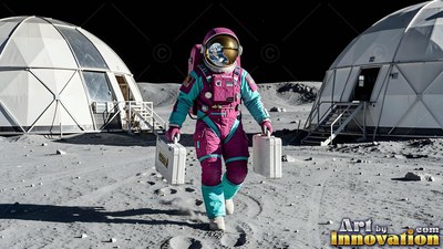 An astronaut walks carrying cases past white domes under dark sky in bright light