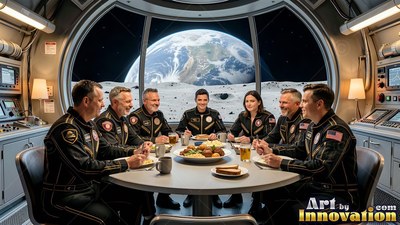 Seated around a round table in a base on the moon, crew members eat lunch