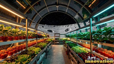 Greenhouse on the moon filled with shelves of tomatoes under lights