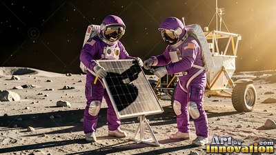 On the lunar dust, two astronauts in purple suits set up a solar panel