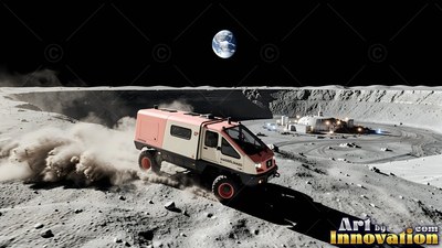 Kicking up gray dust, a rover drives past a base inside a crater under Earth