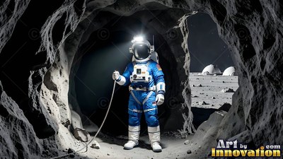 An astronaut in a blue spacesuit standing in a dark moon cave