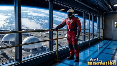 A red flight suit clothes an astronaut standing by windows over moon domes