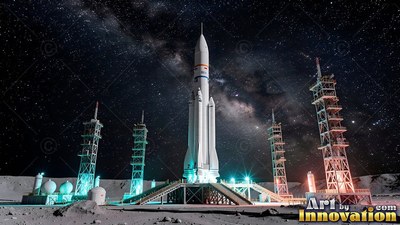 A tall white rocket stands on a lunar launch pad under a starry black sky