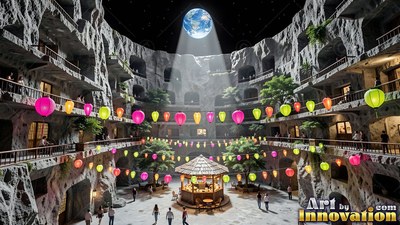 A lunar base courtyard strung with pink and yellow lanterns beneath Earth
