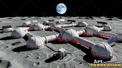 On a gray lunar plain, interconnected white habitat domes spread beneath a blue planet