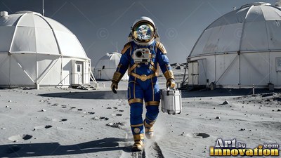 Carrying a silver case, an astronaut walks in blue gear past white base domes
