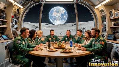 Astronauts in green suits dine together by a moon window overlooking Earth